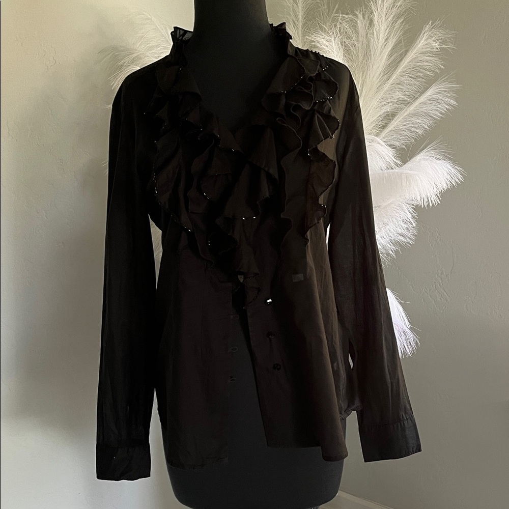 New York & Company Black Ruffle-Front Long Sleeve Blouse